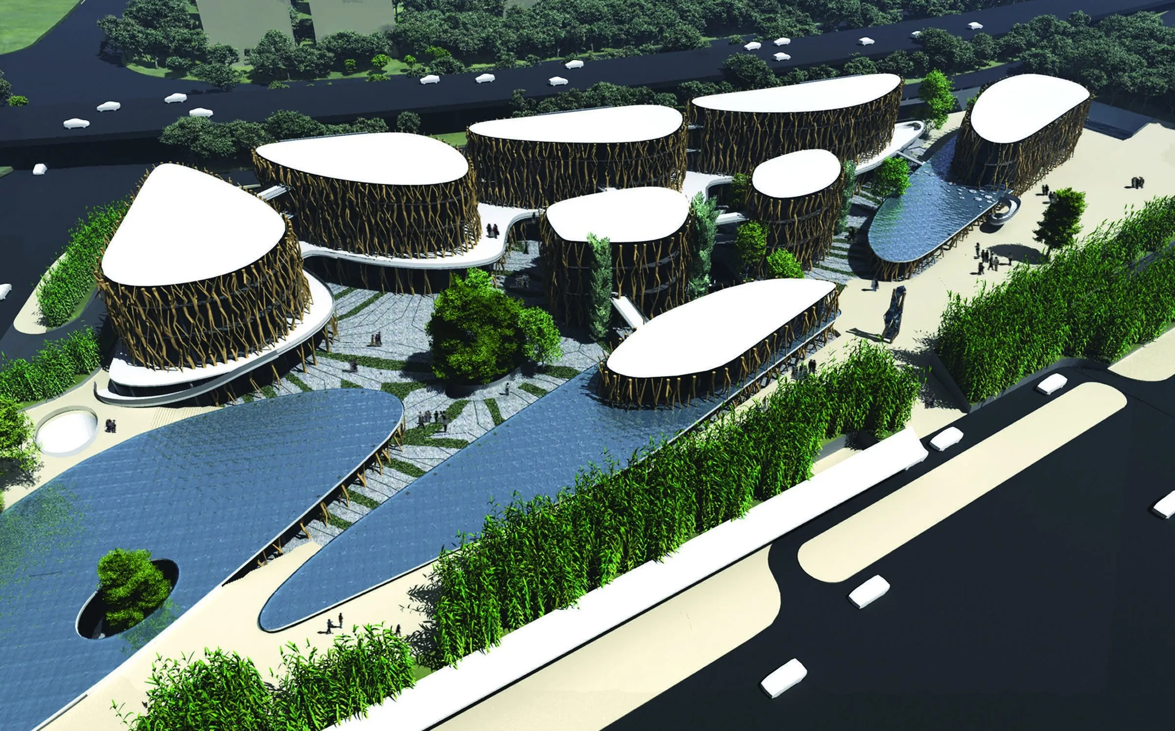 Night render of the ensemble of oval courtyard buildings by the water