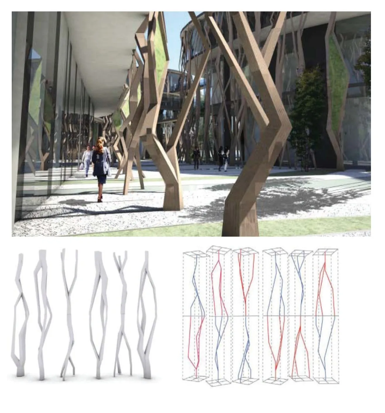 View along the arcade of timber trees, with the drawing of the tree element variations