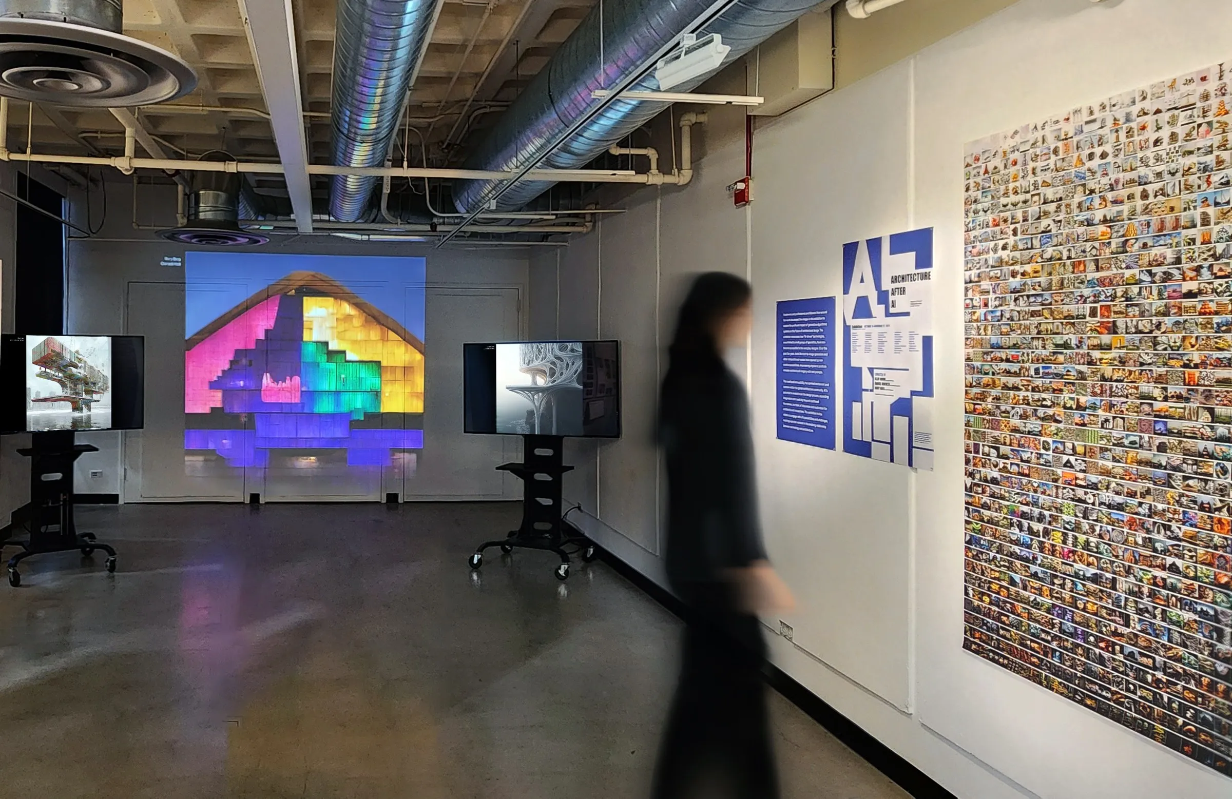 The projector display of Architecture After AI in the Mebane Gallery