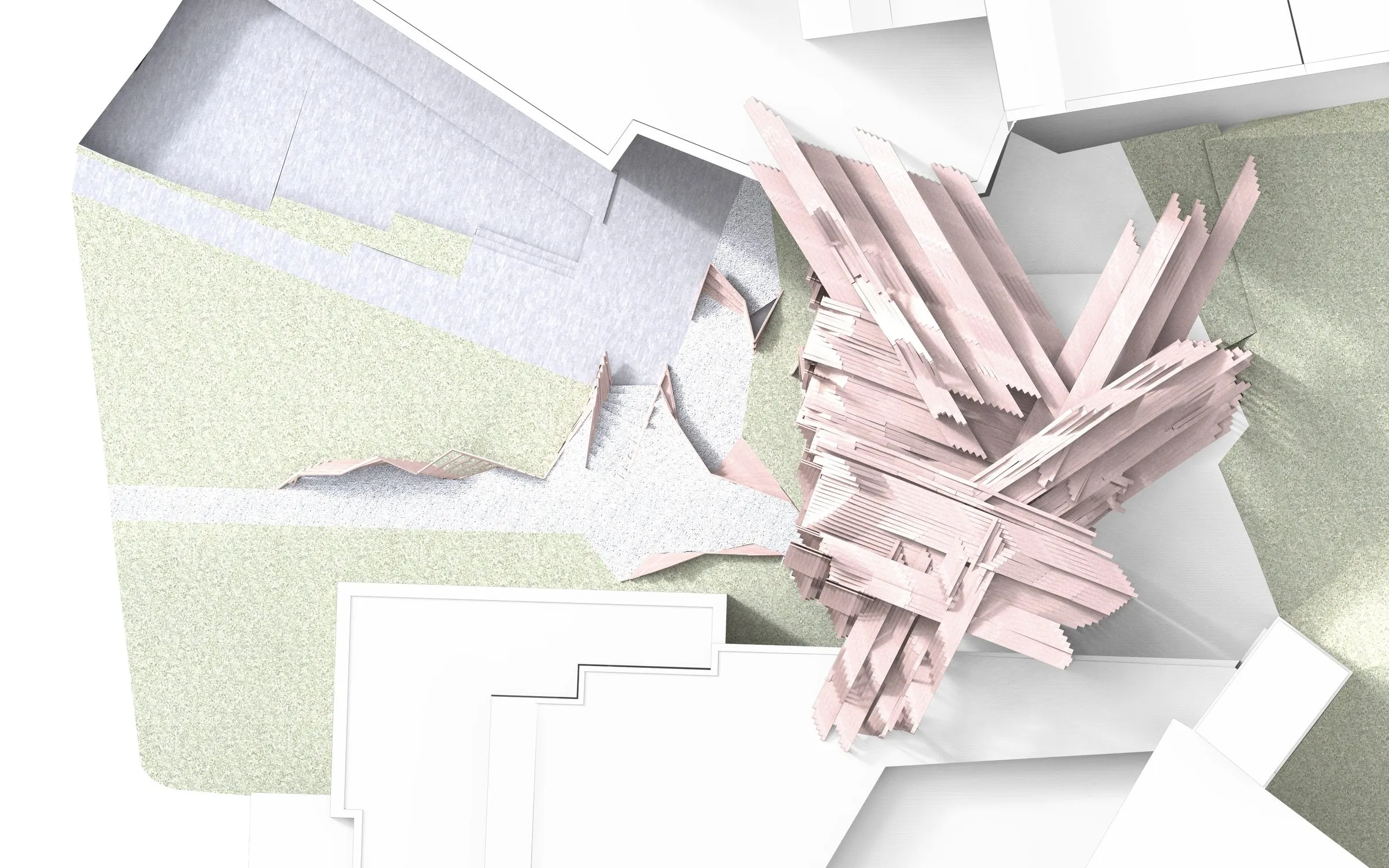 Aerial rendering: the extension as a pink bundle of lines lodged between the roofs of the two museums