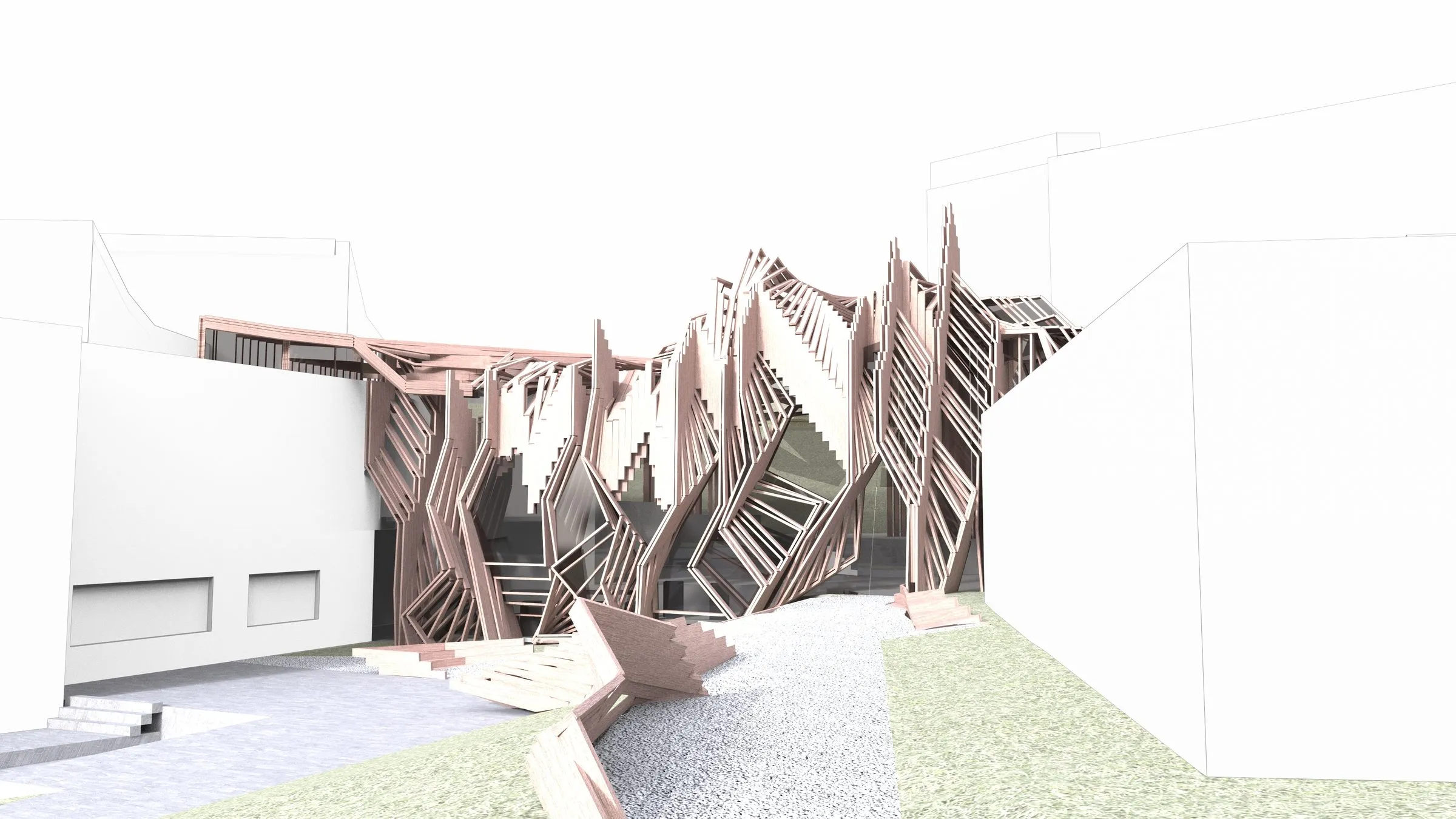 Rendering from the courtyard: the bundled lines meeting gravel and grass between the two white museum walls