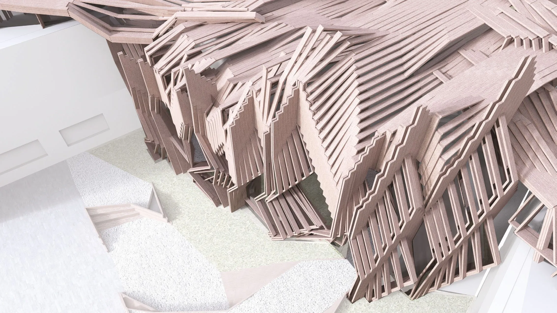 Close rendering of the roof: pink-brown stepped lines packed in parallel above the white museum wall