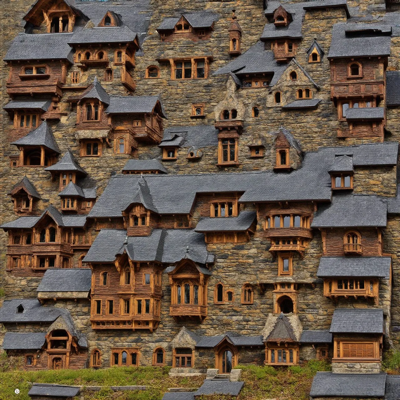 A generated building in the manner of Akureyri, made of hundreds of diverse parts