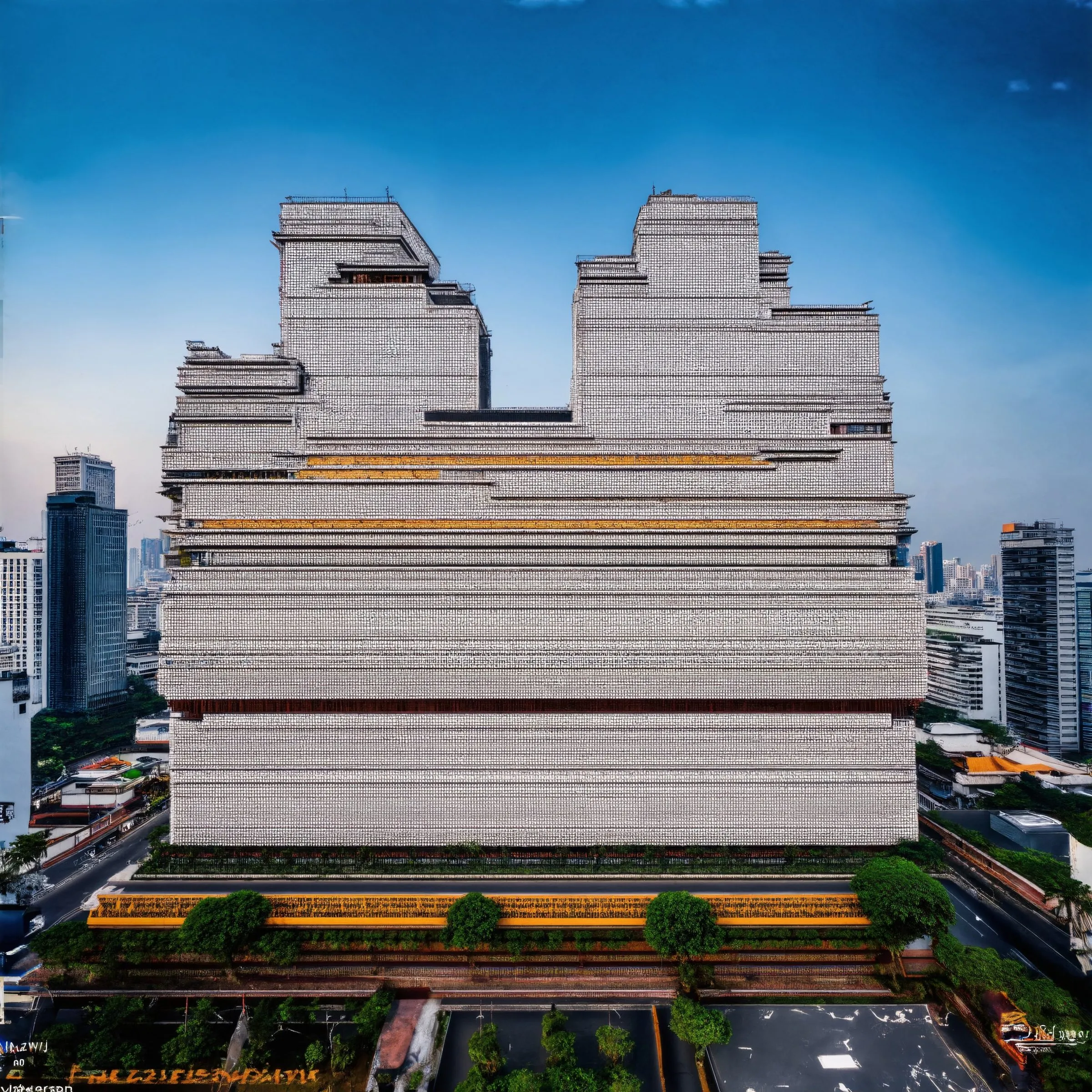 A generated building in the manner of Jakarta, made of hundreds of diverse parts, with tiled roofs and open balconies