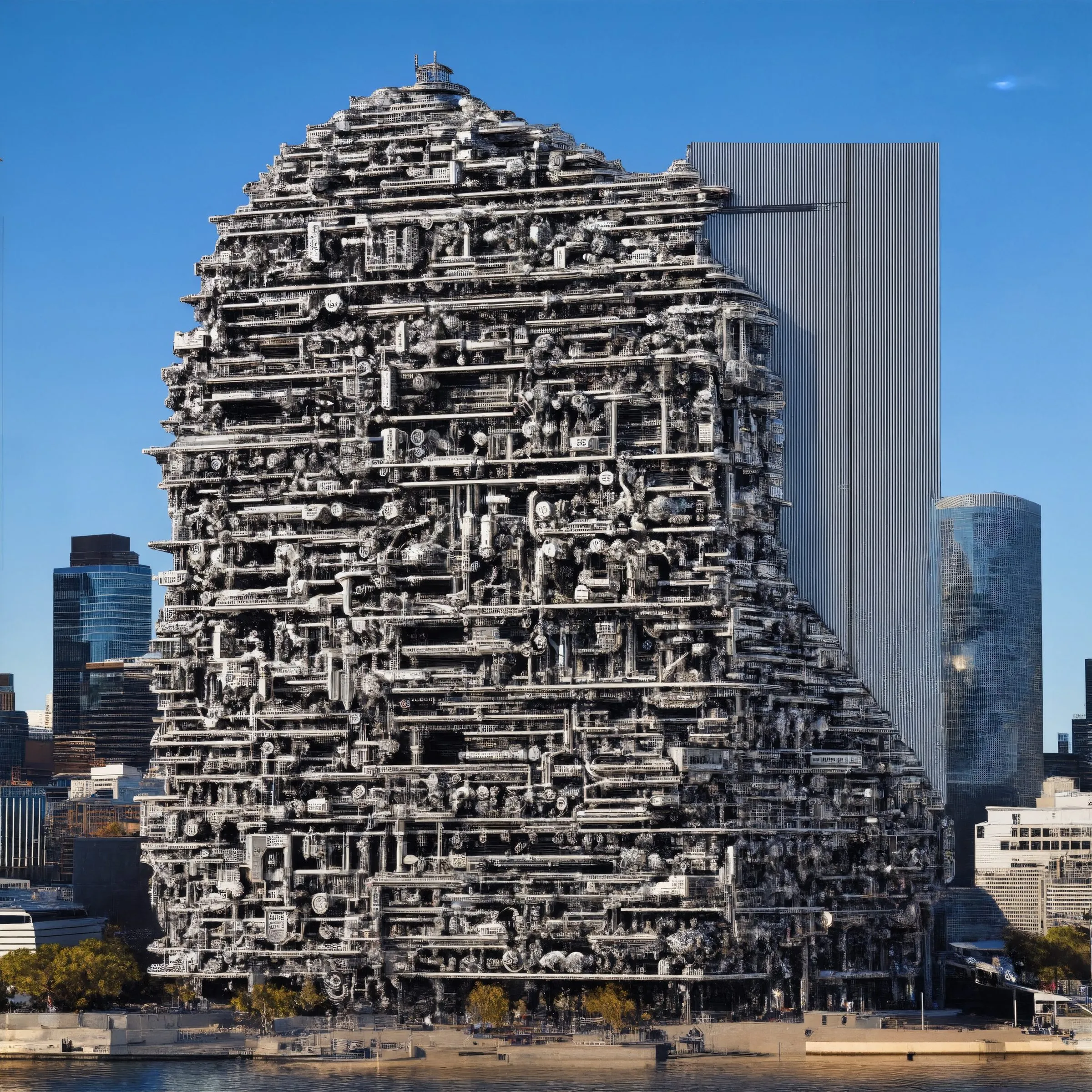 A generated building in the manner of Melbourne, made of hundreds of diverse parts