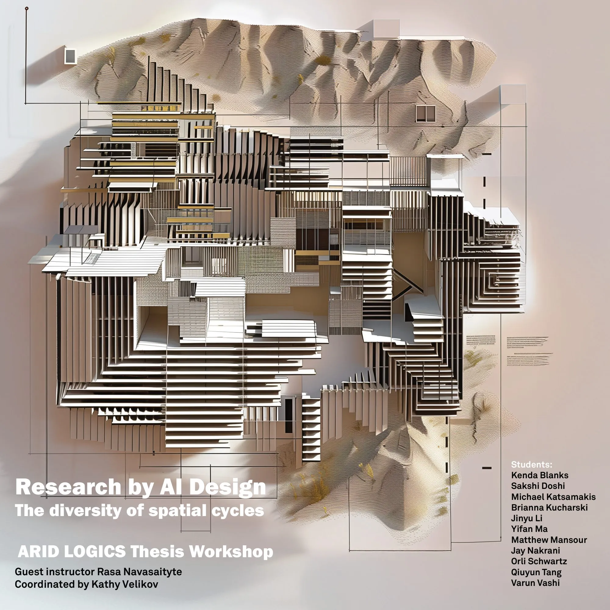 The exhibition poster of Research by AI Design: The Diversity of Spatial Cycles, with a generated desert image and the credit line