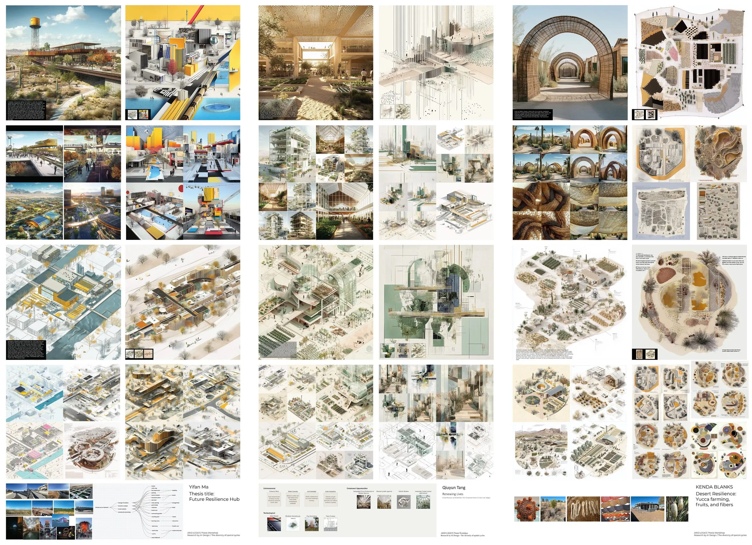 Three workshop posters side by side: grids of AI-generated studies of desert settlements, spatial cycles and tectonic speculations