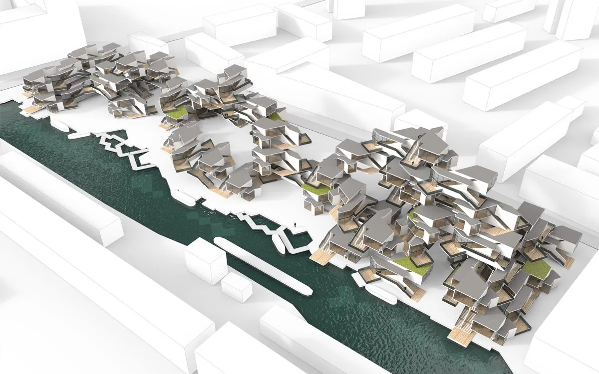 An aerial view of a white model of housing along the Regent's Canal, the water rendered dark green