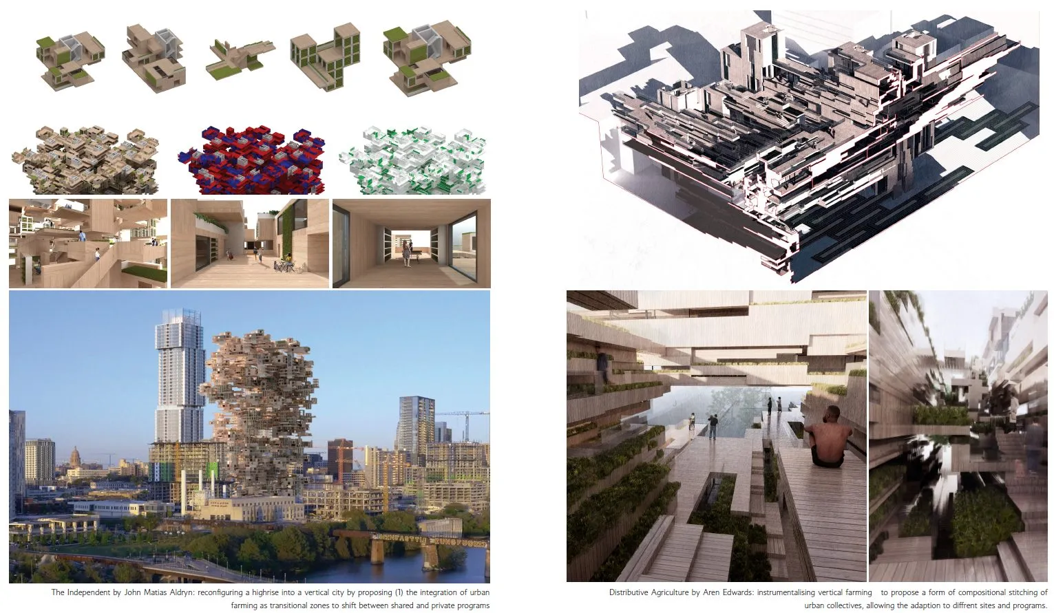 Two project boards: a tower of stacked parts on a riverbank, and a dark aggregate of terraces for vertical farming