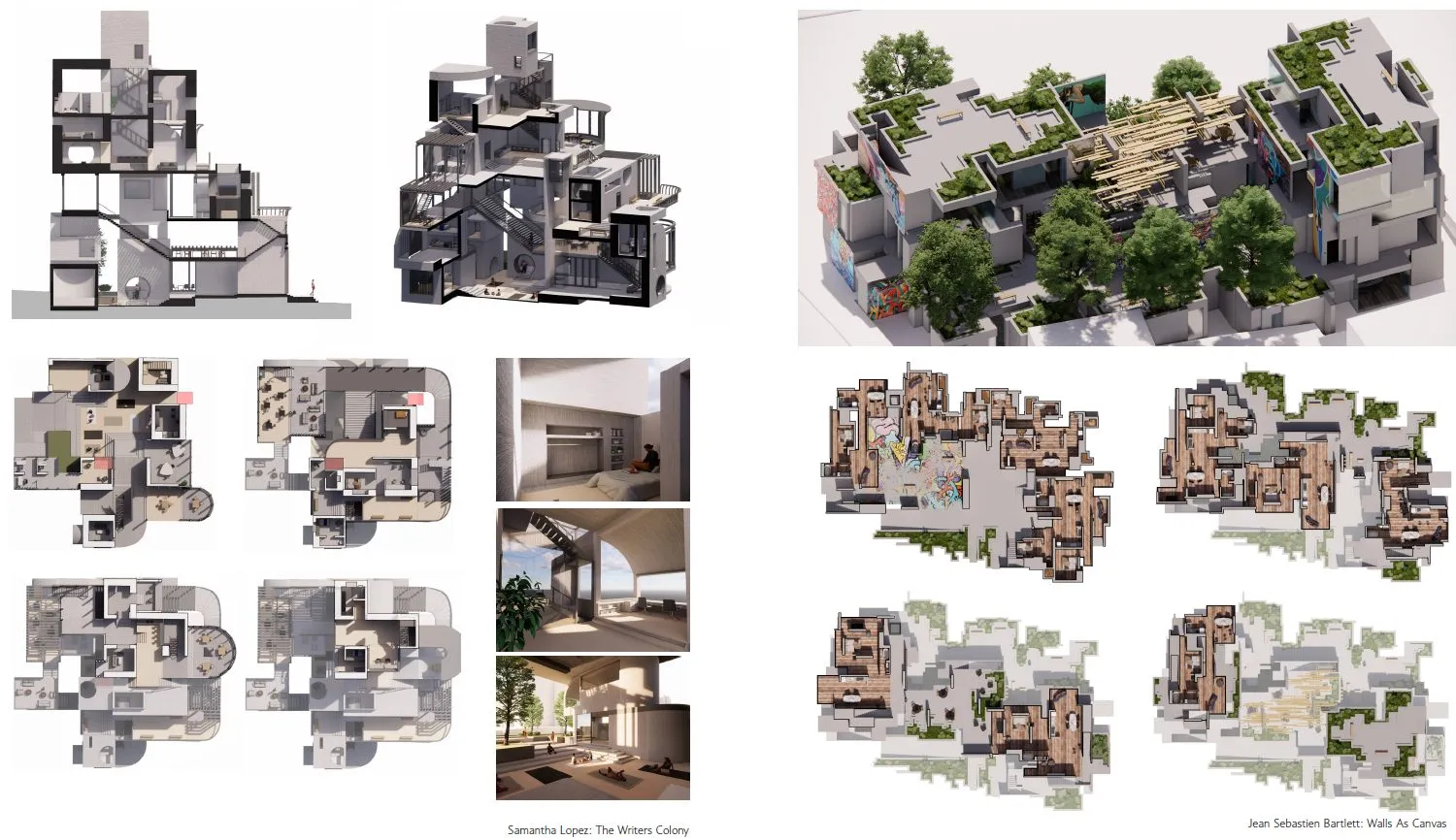Two project boards: sectional models and plans of a writers' colony, and green terraced walls of an aggregate