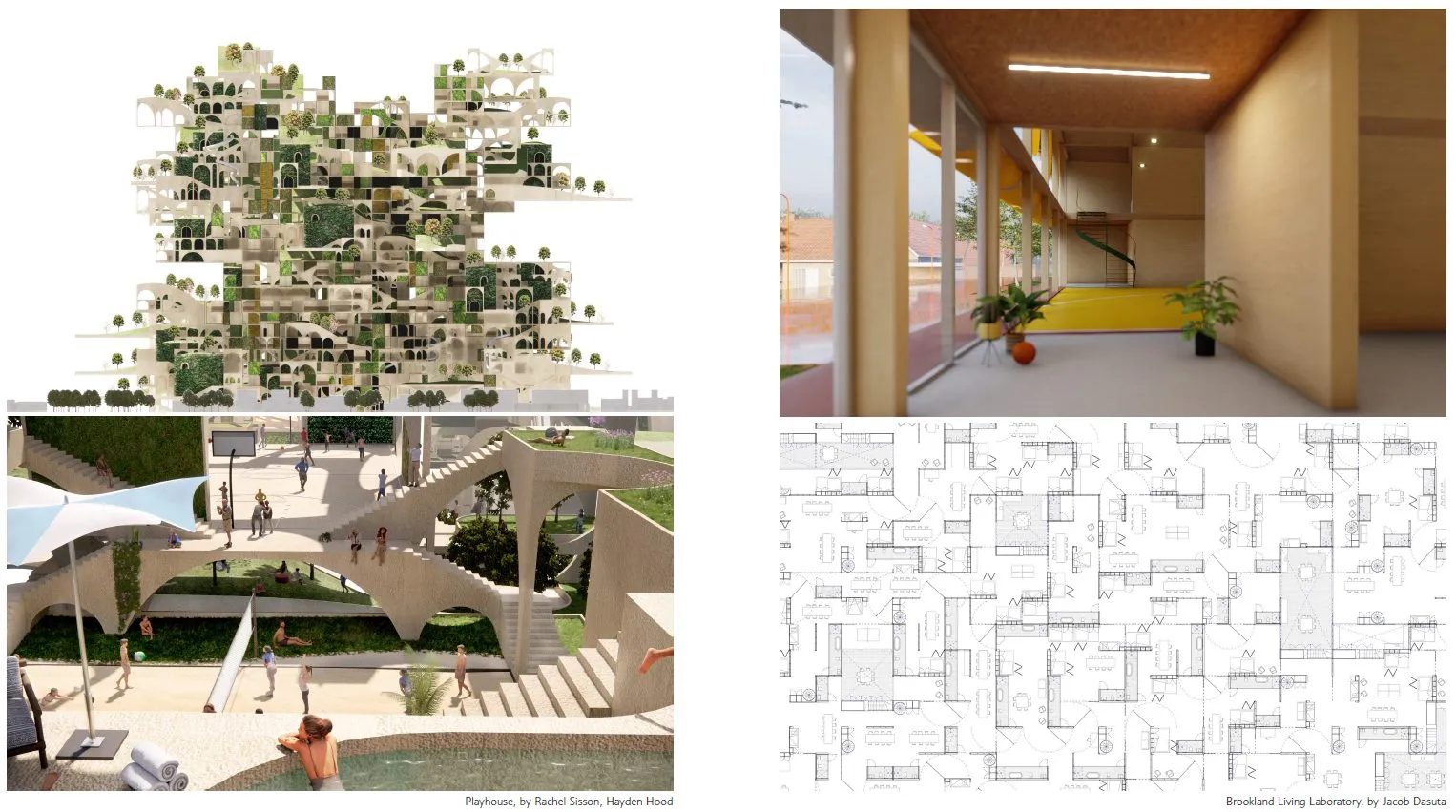 Two project boards: a playhouse of white parts under a canopy, and a timber living laboratory with its plan