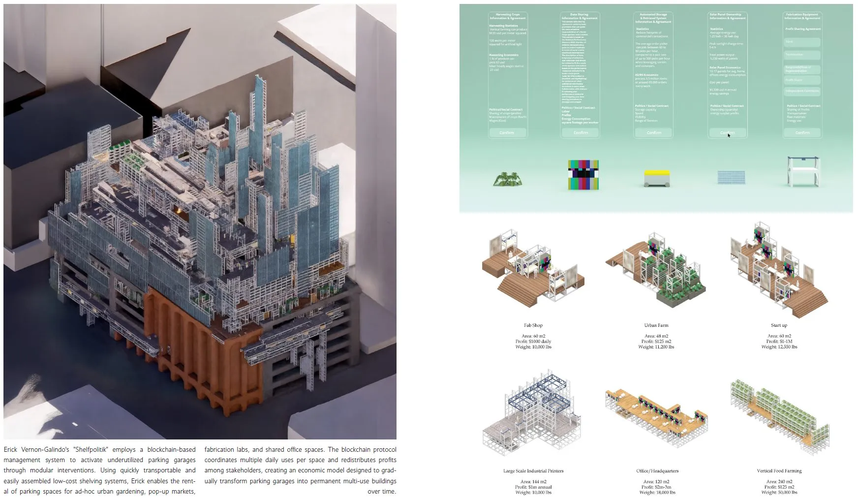 A project board with a glass tower on a parking structure and a diagram of a blockchain-based management system