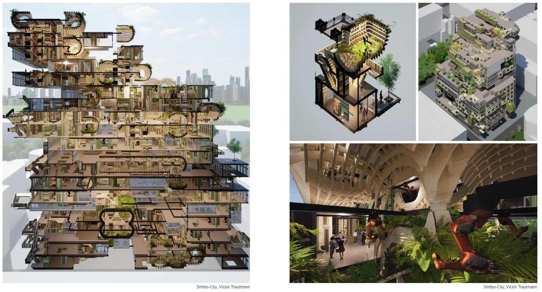 Sectional views of a stacked timber city with gardens and a domed interior