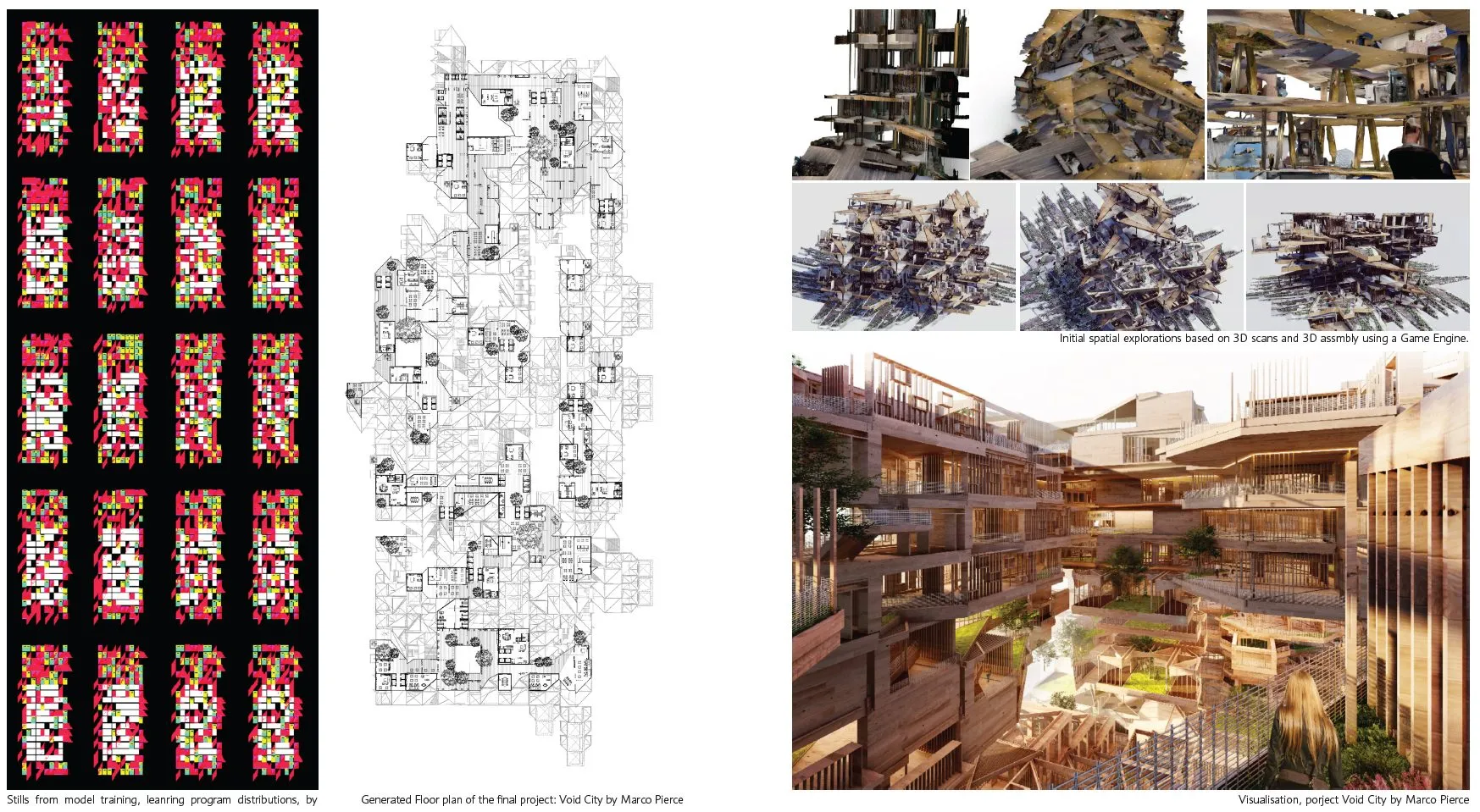 Stills from model training in red and green, a generated floor plan, and views of a timber-lined void