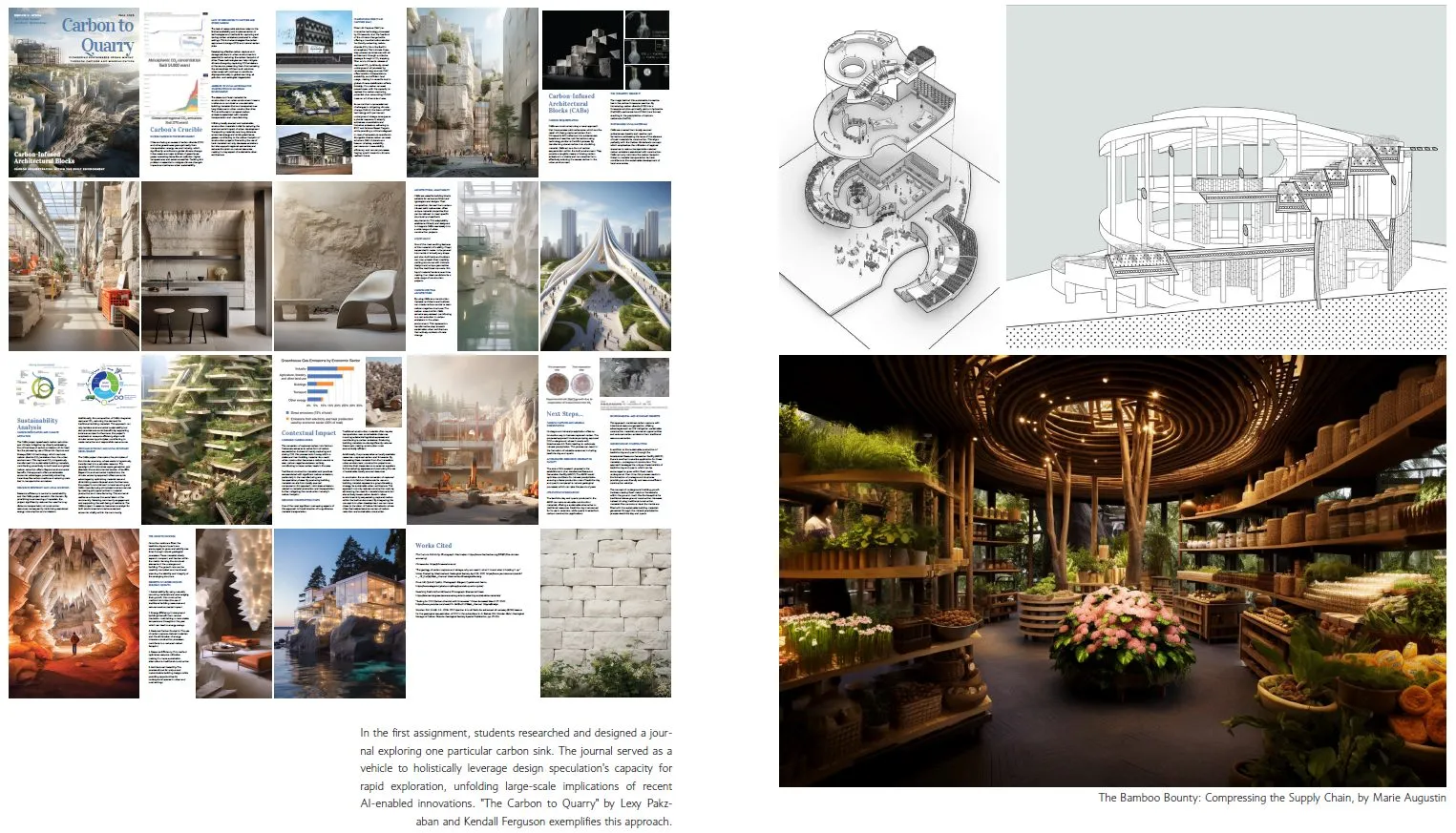 Two project boards: a booklet on carbon and quarrying with drawings, and a market hall of bamboo under a domed roof