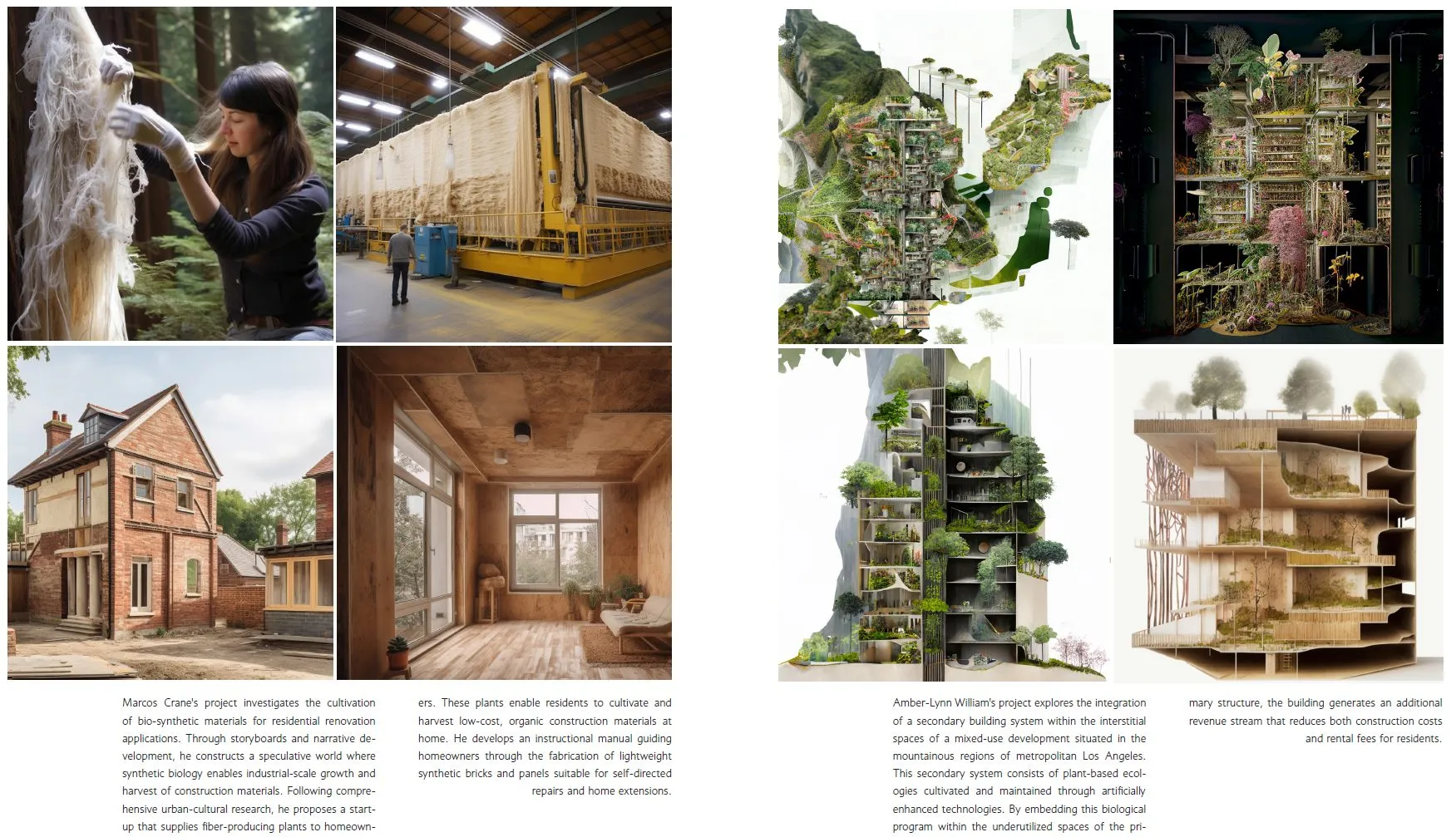 Two project boards: photographs of fibre cultivation and a timber interior, and a tower of planted terraces with its section