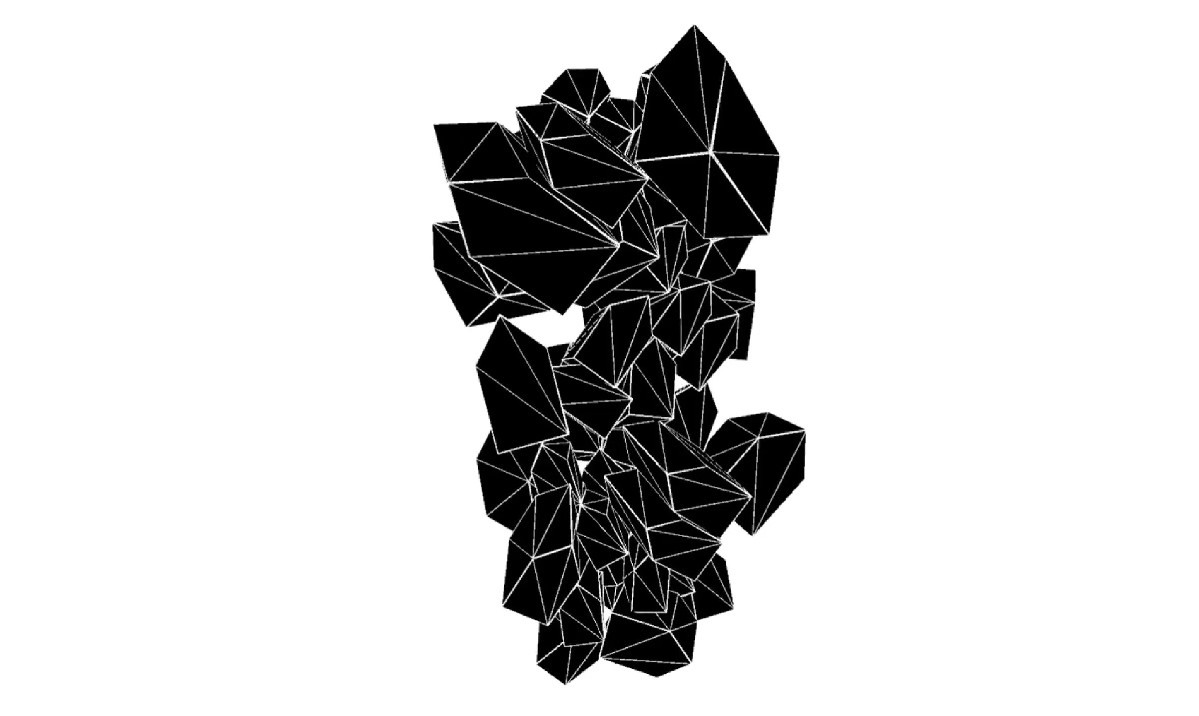 A heap of black faceted polyhedra with white edges, settled against each other on white