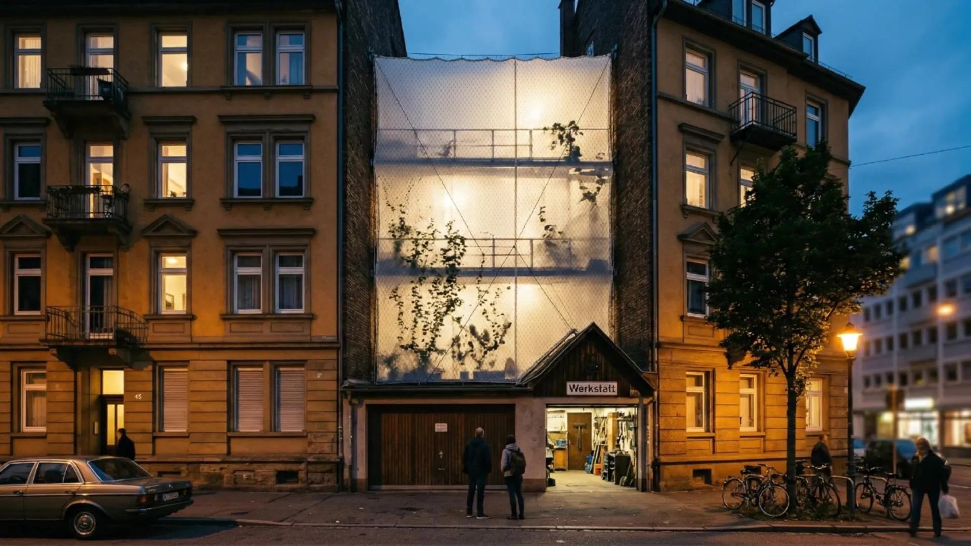A street of old houses at night; the gap between two of them is filled by a glowing translucent building