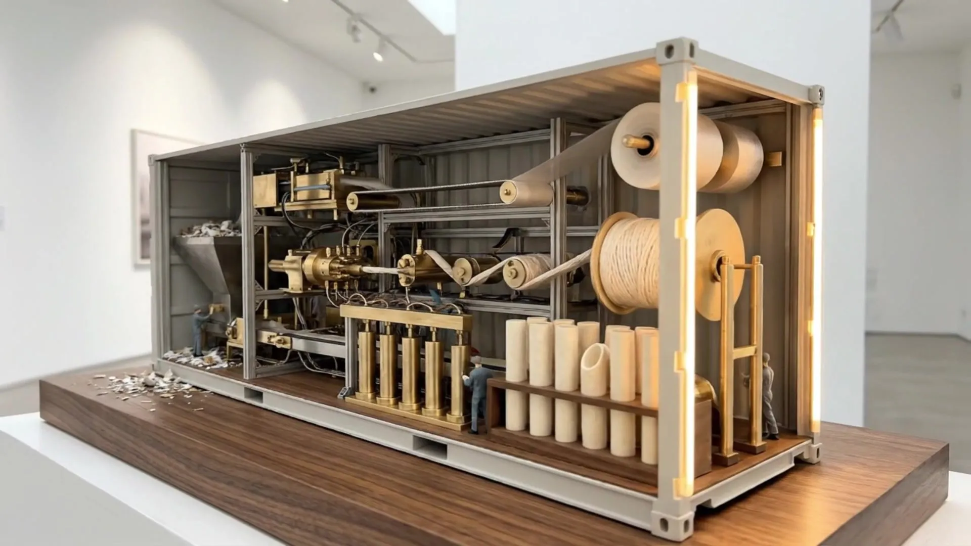 A model of a shipping container opened to show rollers, a vat and drums of fresh paper sheet
