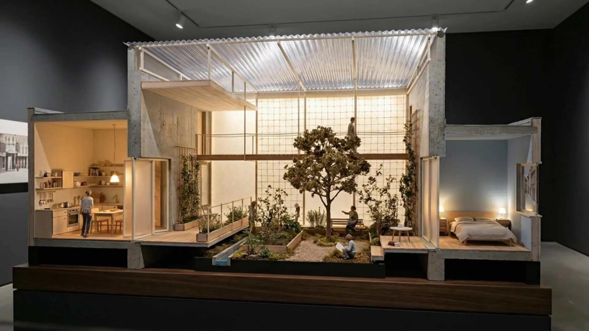 A section model of a house with a translucent roof, a tree in the courtyard and rooms on two levels