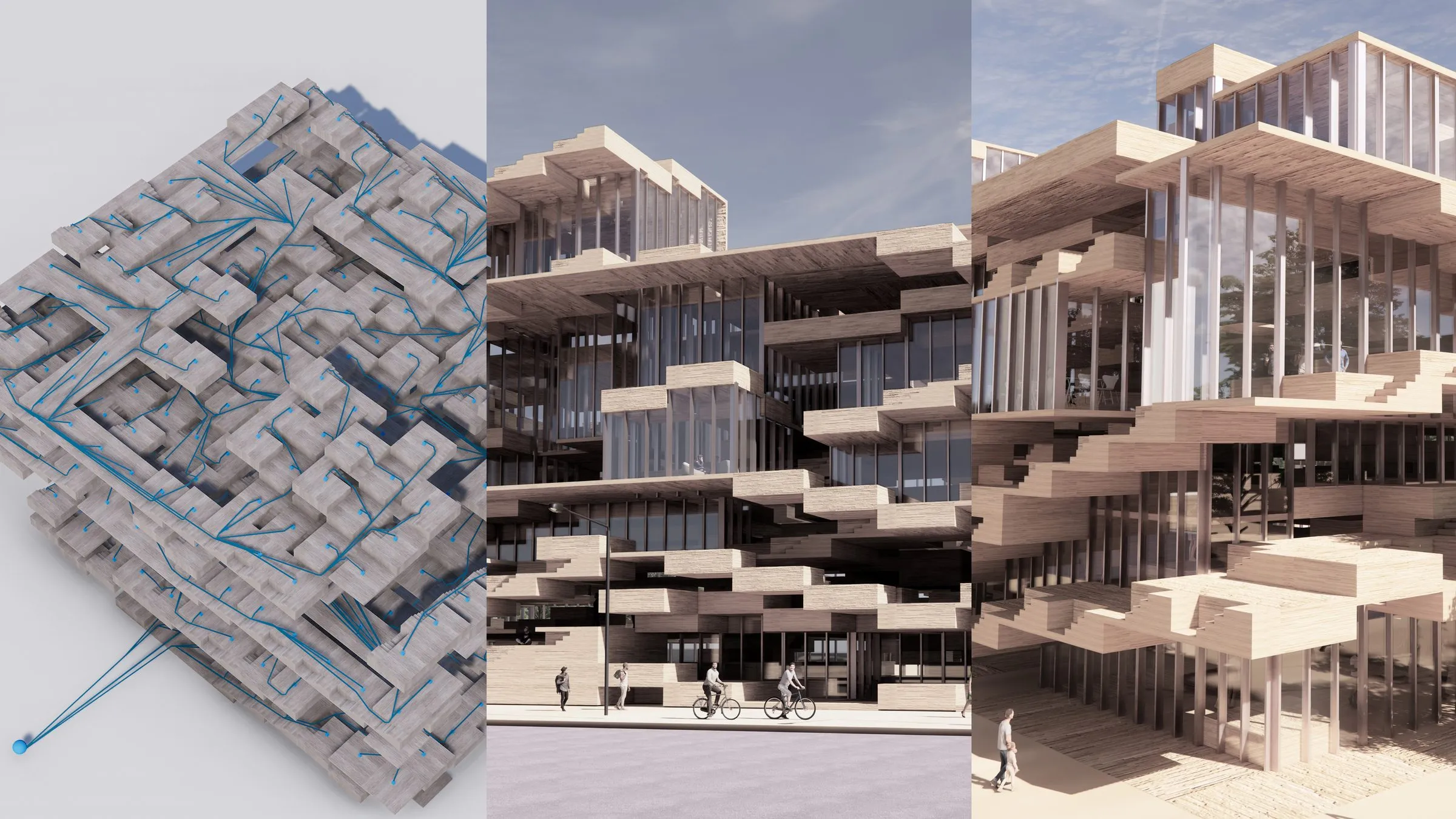 A plan model with blue route lines, a terraced facade of stacked slabs, and a photograph of the facade