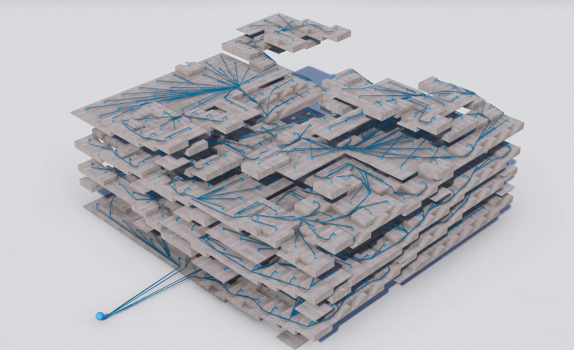 A snapshot of the assembly simulation: stacked ensembles of parts growing into a continuous, branching aggregate