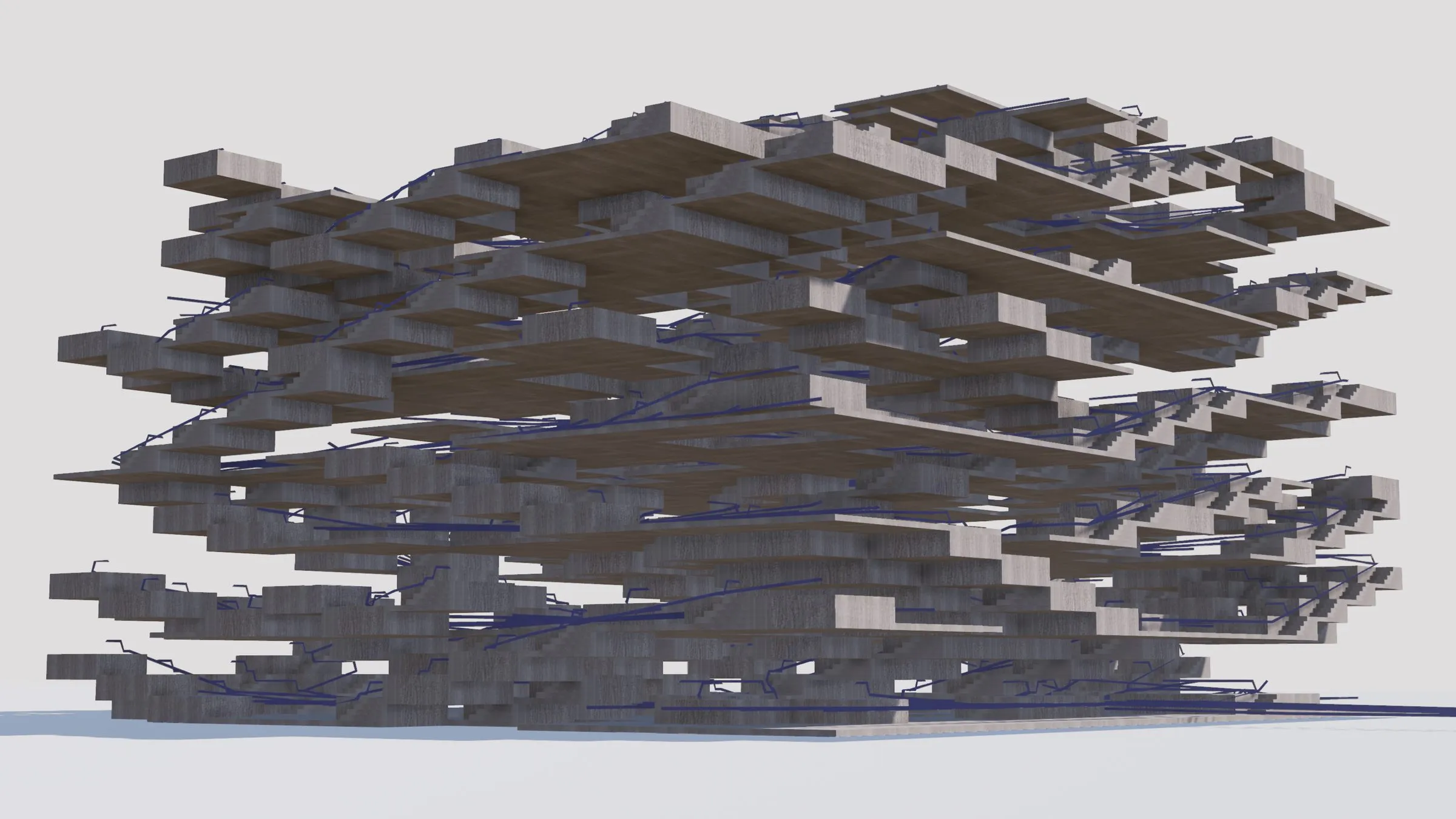 A building of stacked timber plates with blue lines tracing the paths through it