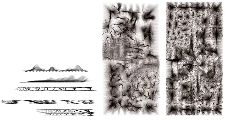 Plan, section and elevation studies of the Choreograments landscape