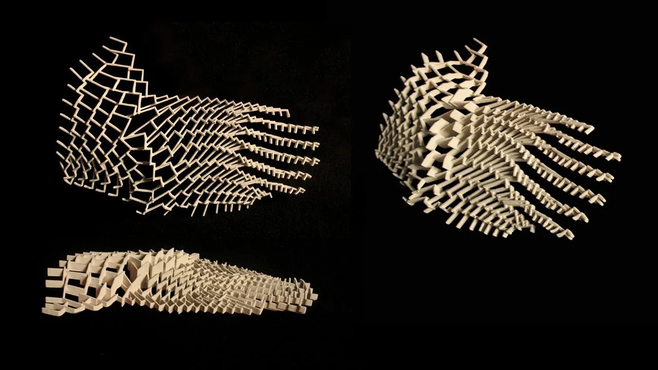 Three photographs of tan paper models on black: folded strips aggregated into a fan, a twisted cluster and a low ridge