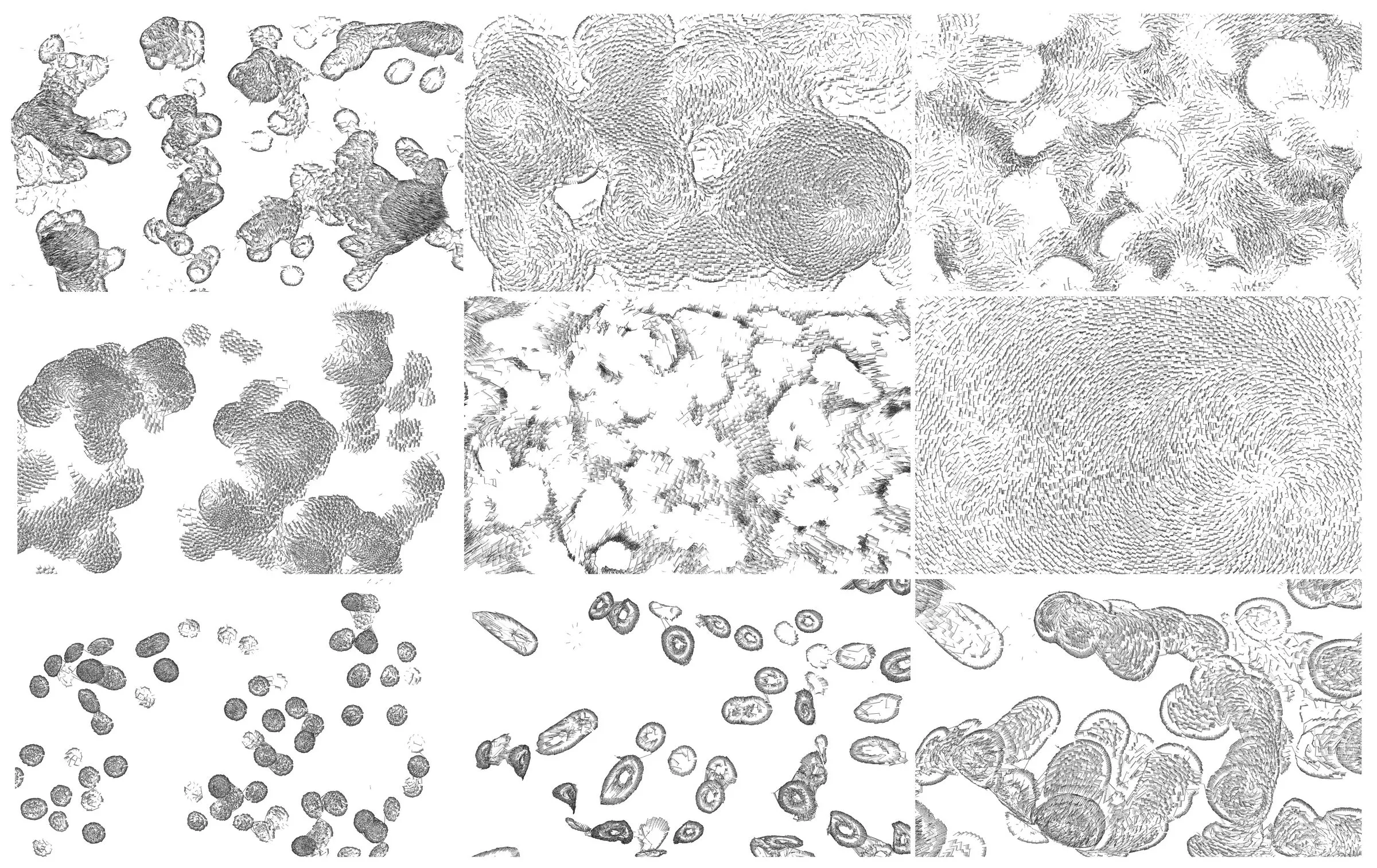 Nine renderings of grey-blue element clusters, each a different figuration produced from the same rules