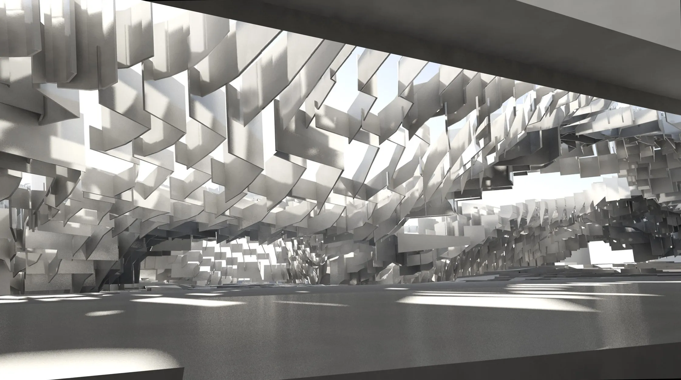 Rendering inside the environment: a ceiling of white panel clusters over stepped platforms and a flat water surface