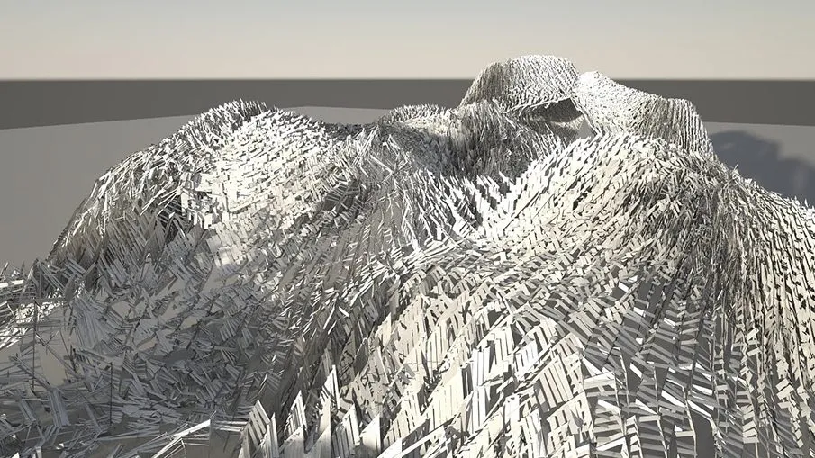 Rendering of the element field as a grey hilly landscape of thousands of thin plates