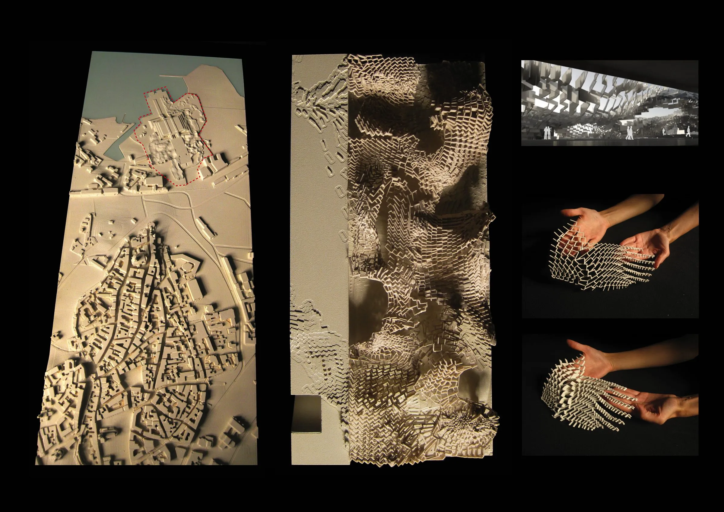 A brown relief model of the landscape with inset views