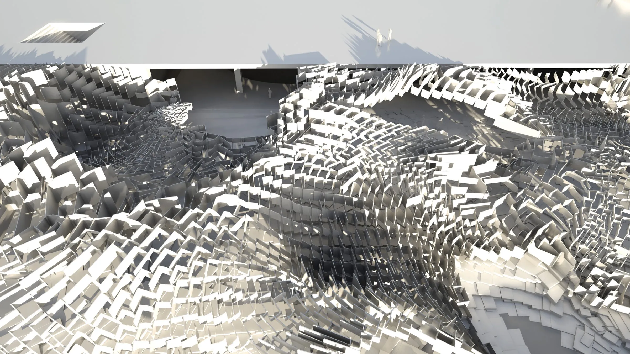 Rendering of stacked panel clusters forming a stepped roofscape in grey light