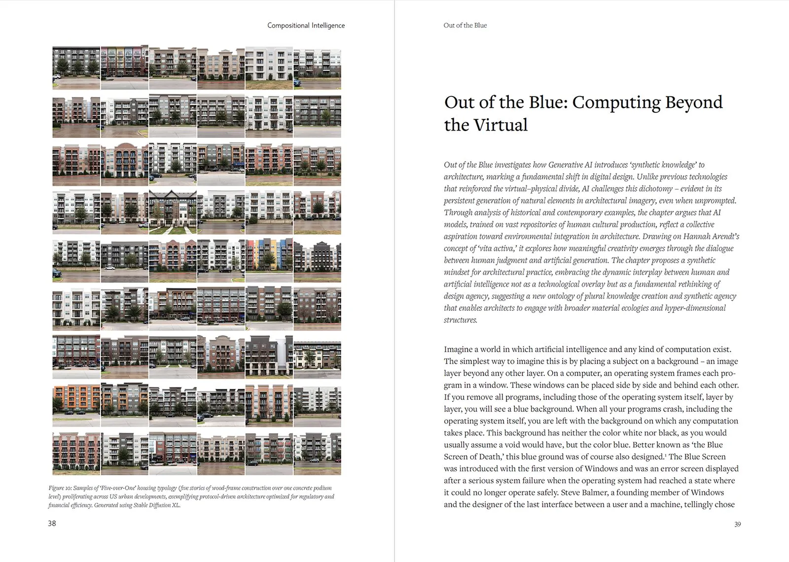 Book spread: Out of the blue, computing beyond the virtual, with a contact sheet of building facades