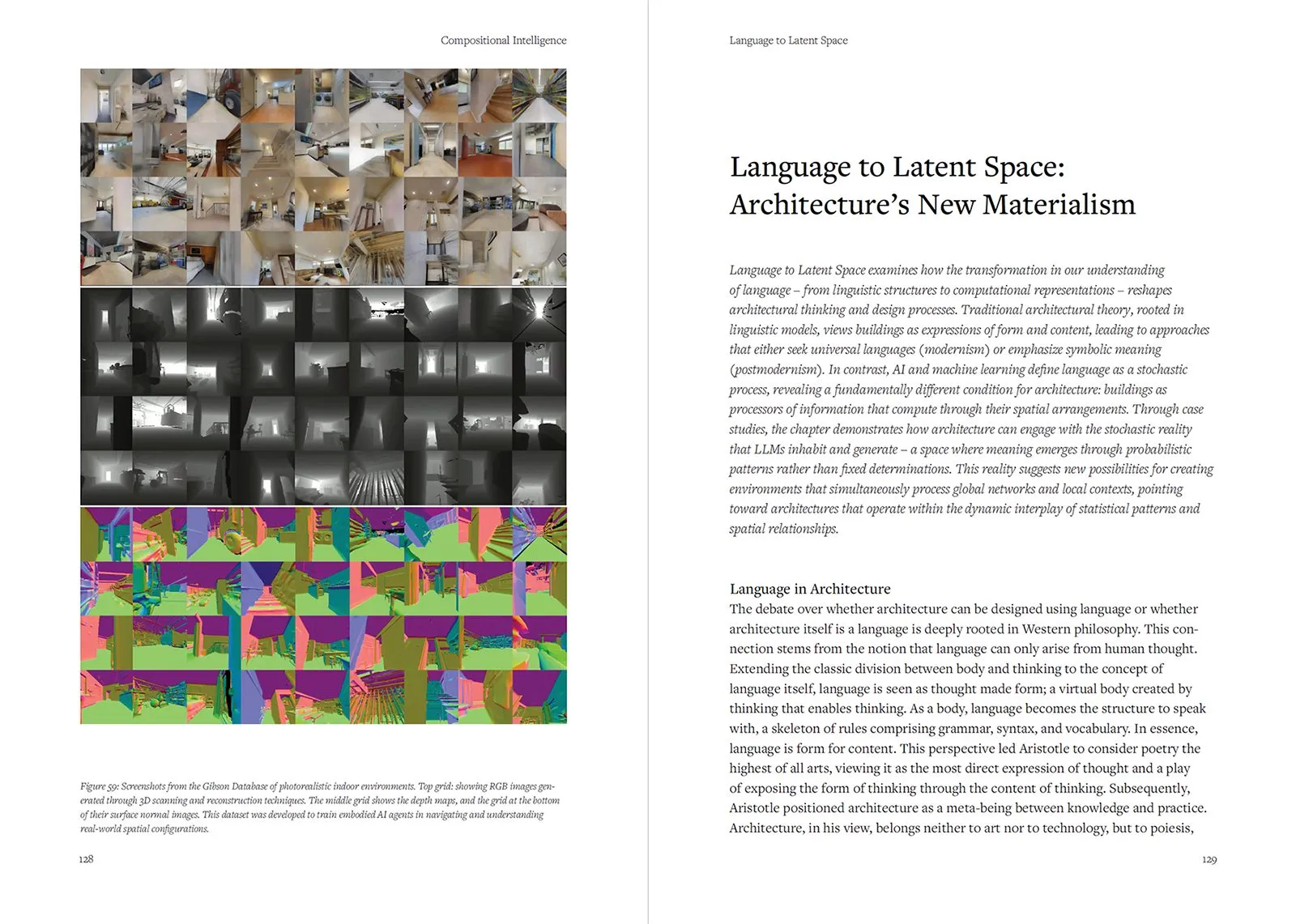 Book spread: Language to latent space, with a coloured grid of embedded image features