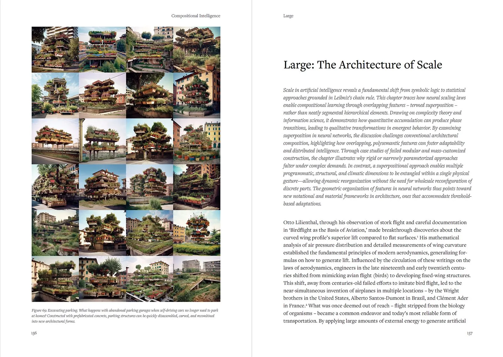 Book spread: Large, the architecture of scale, with generated tree-covered buildings