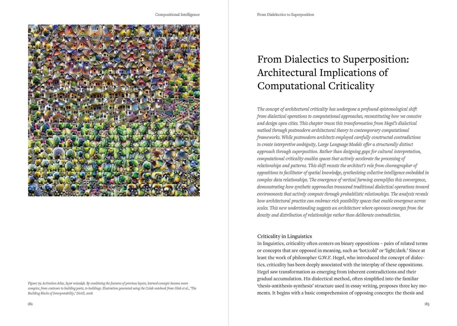Book spread: From dialectics to superposition, with a blue contact sheet of generated plans