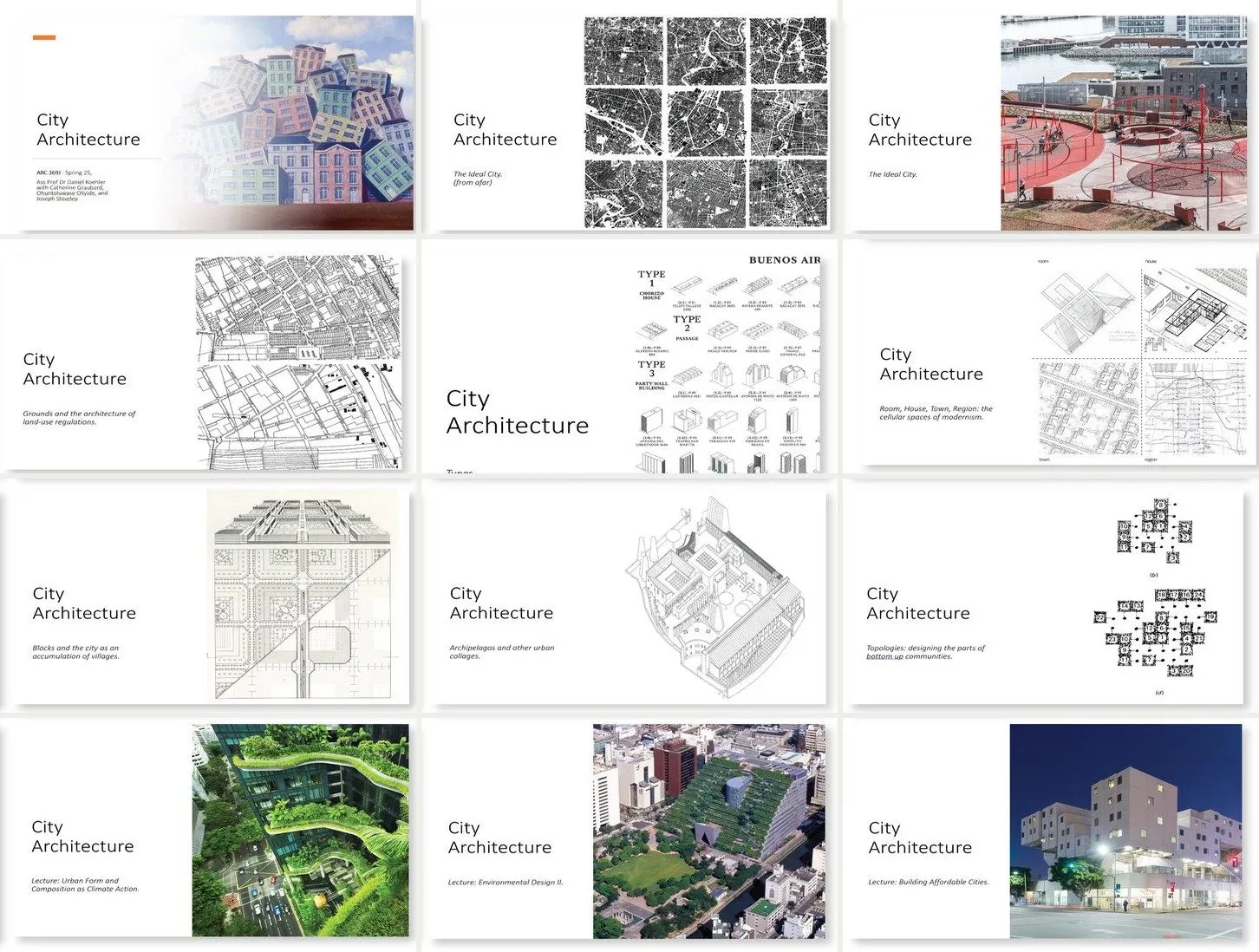 Twelve title slides of the City Architecture lecture series in three columns