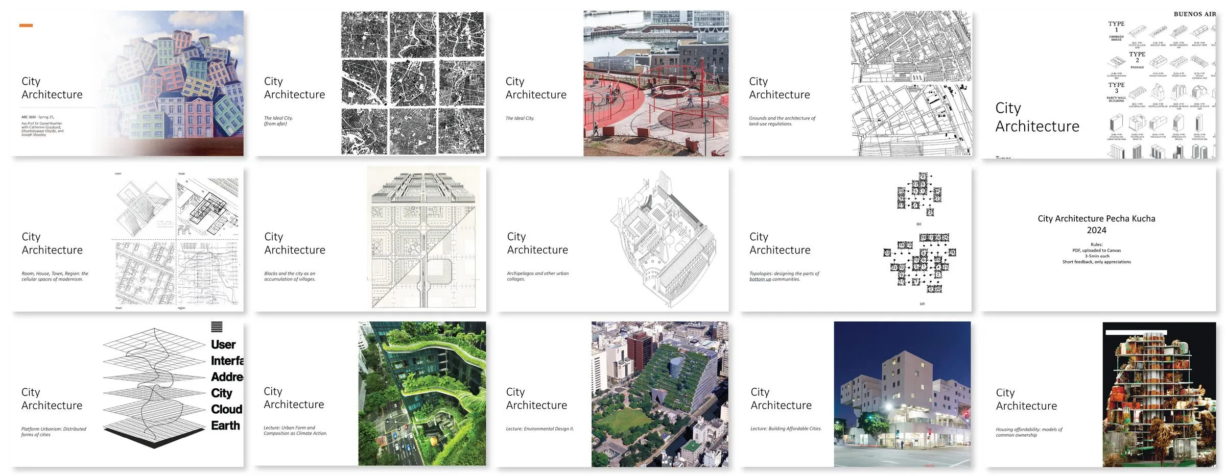 A contact sheet of lecture slides of City Architecture