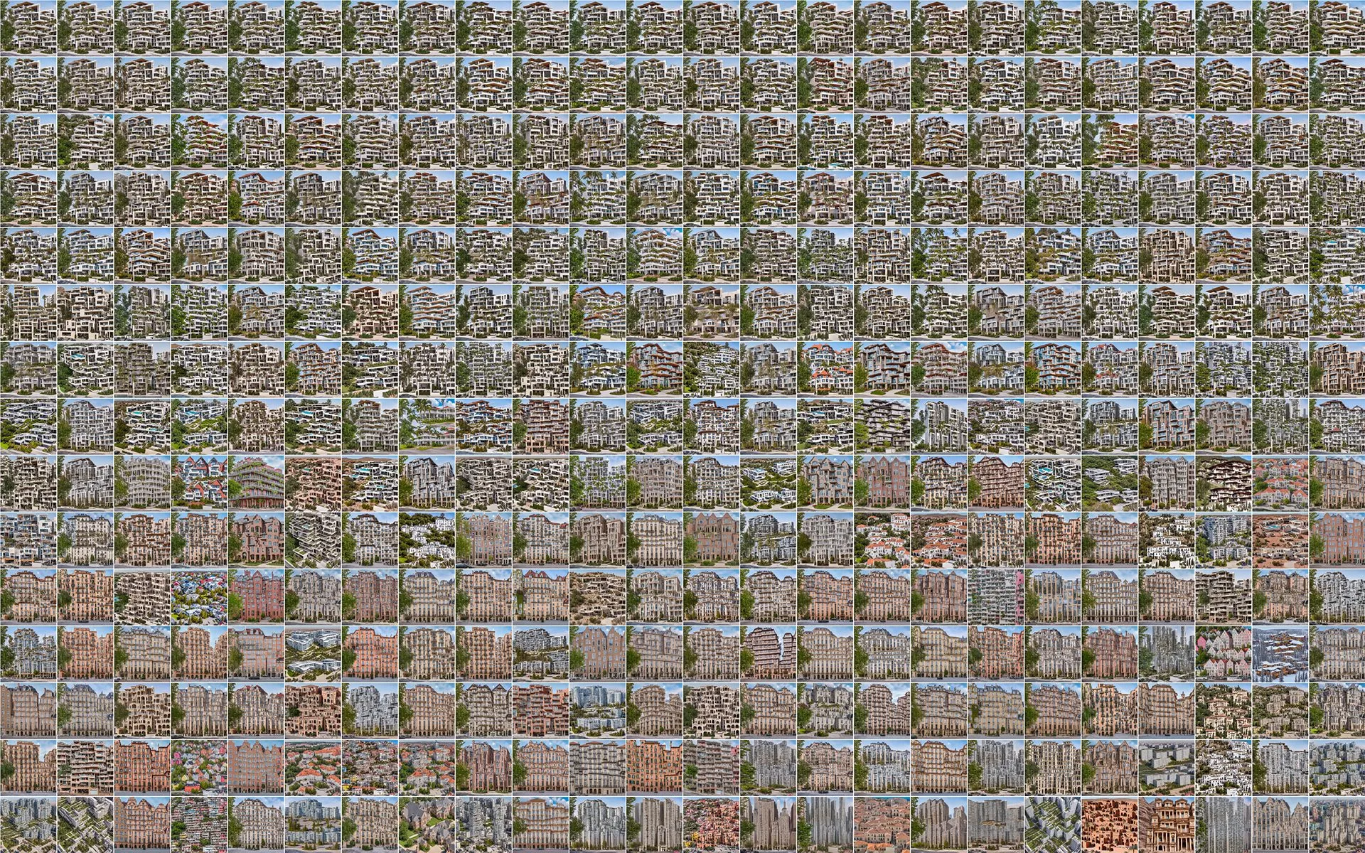 A dense contact sheet of generated cityscapes