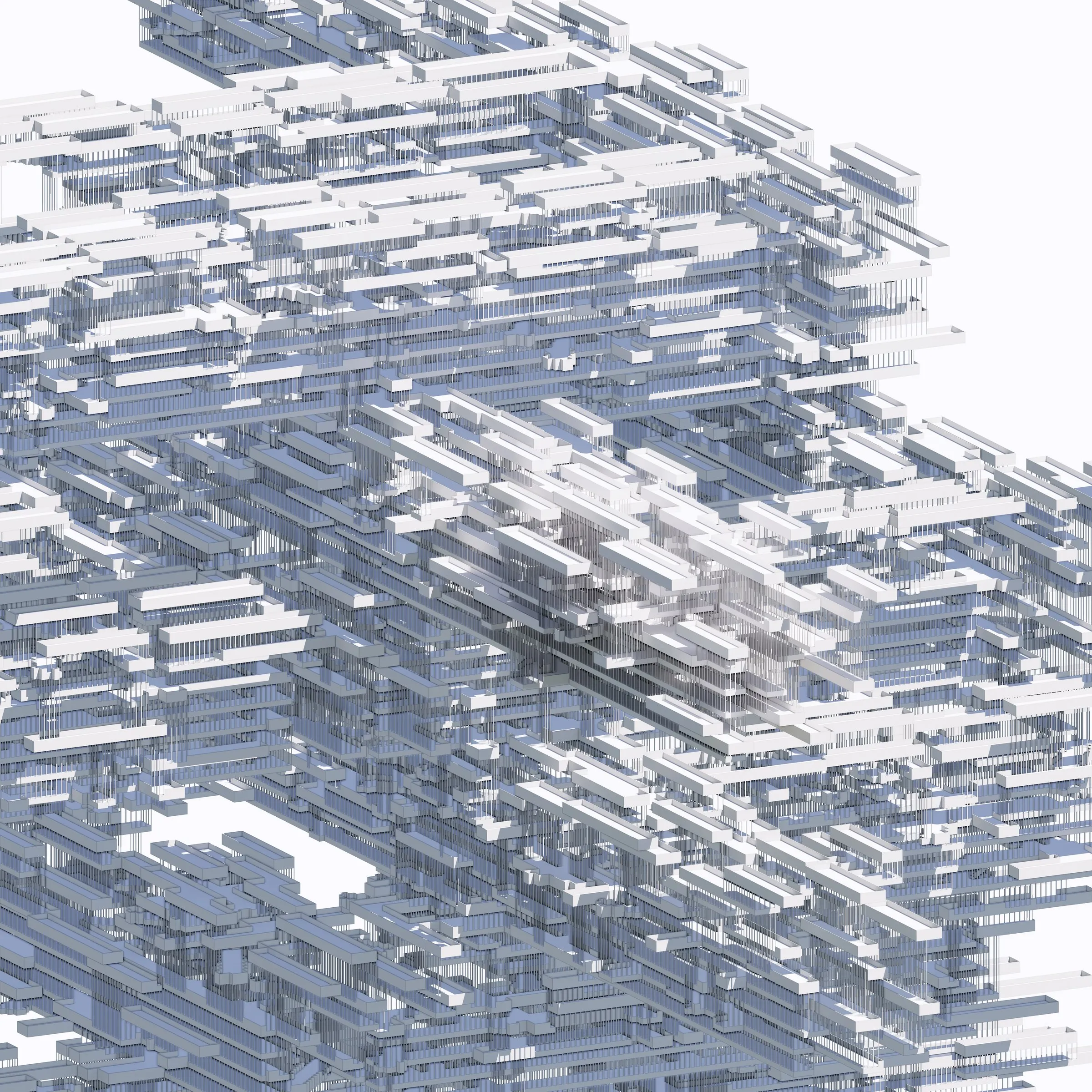 Rendered view of buildings assembled by consent algorithms