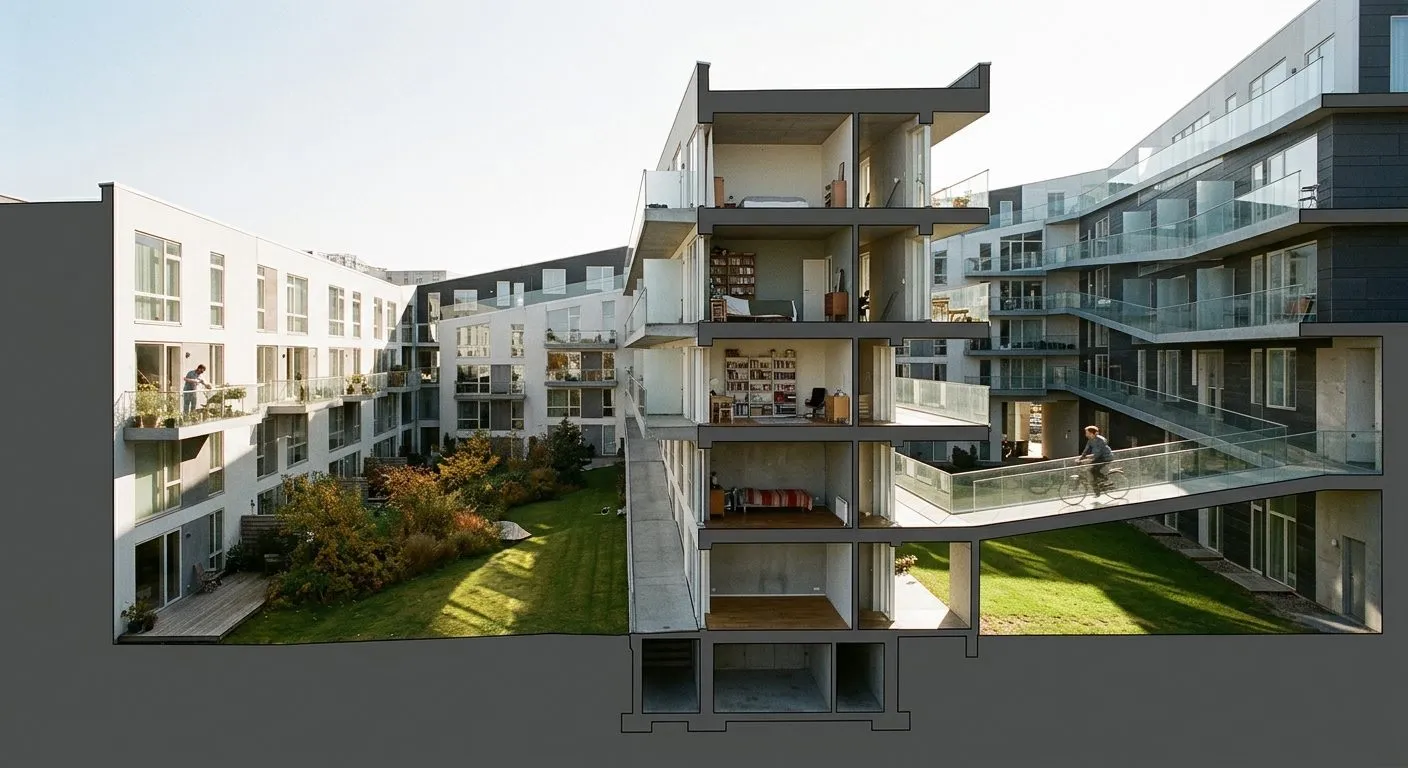 A synthetic photograph of the courtyard side of a housing block, its section revealed