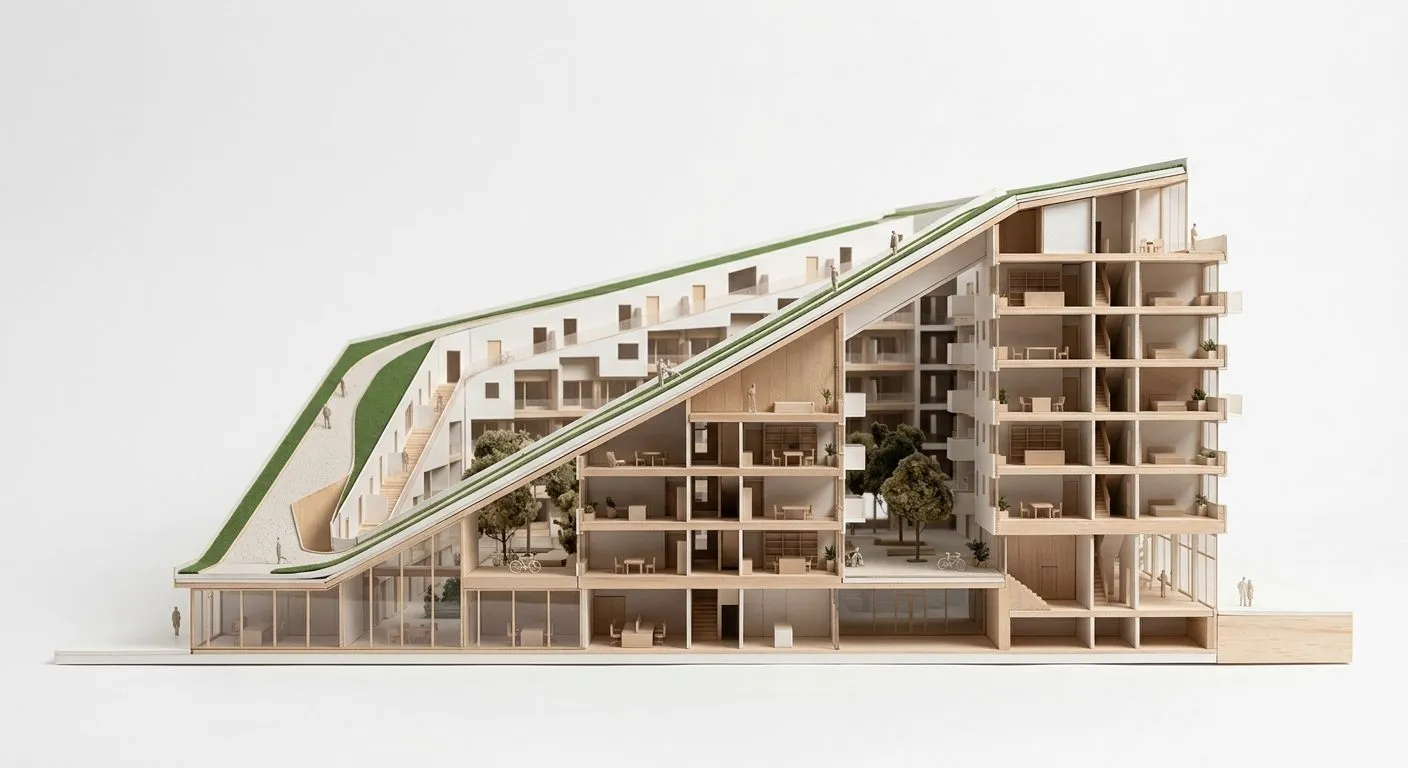 A generated model of a block whose planted roof ramps from the ground to the top floor