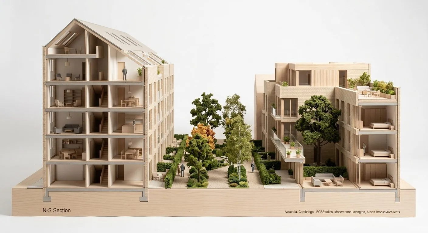 A generated model of low housing blocks around planted courtyards