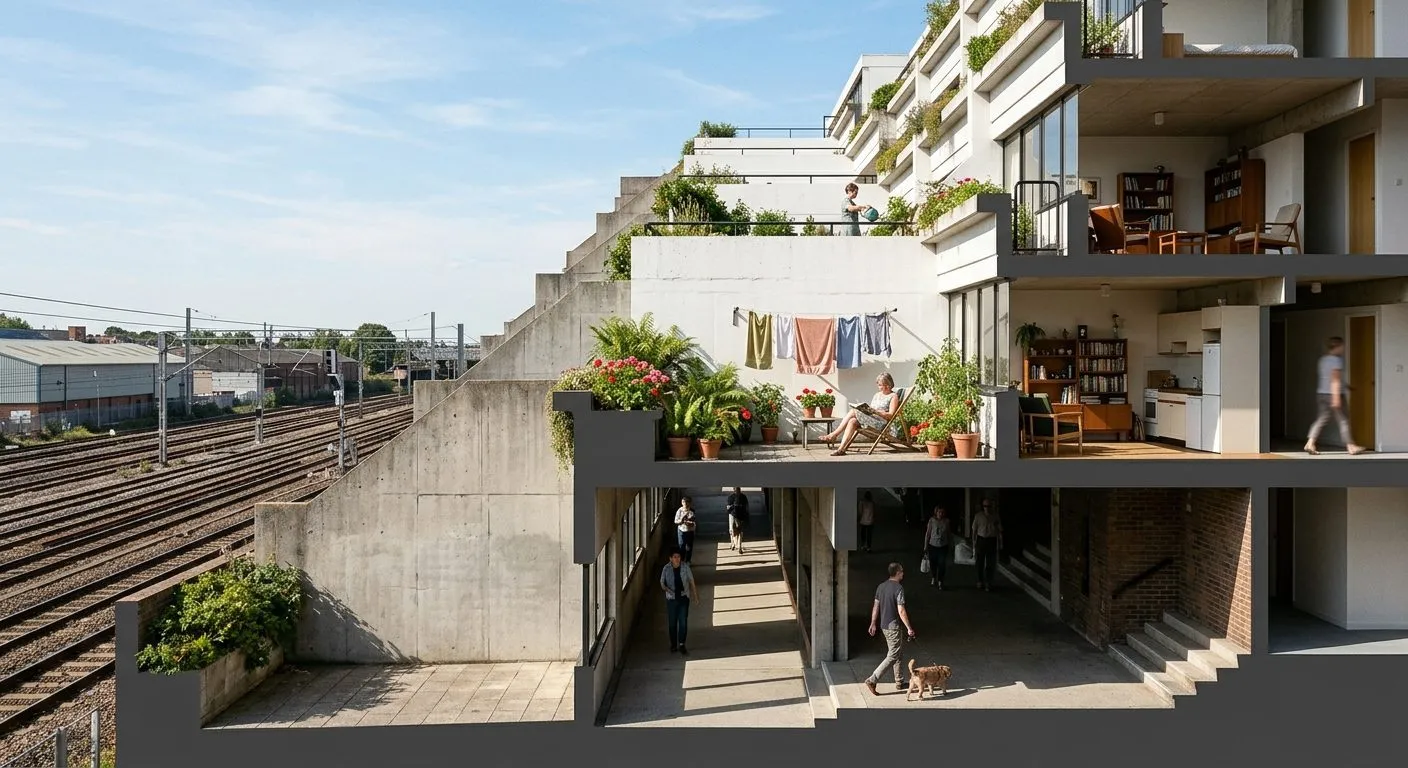 A synthetic photograph of a stepped terrace walkway with planting, above railway lines
