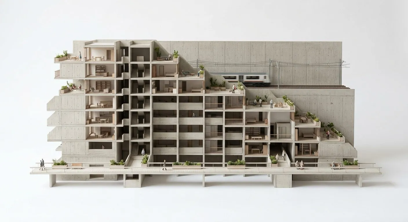 A generated model photograph of a stepped housing section with planted terraces, cut open to show its rooms