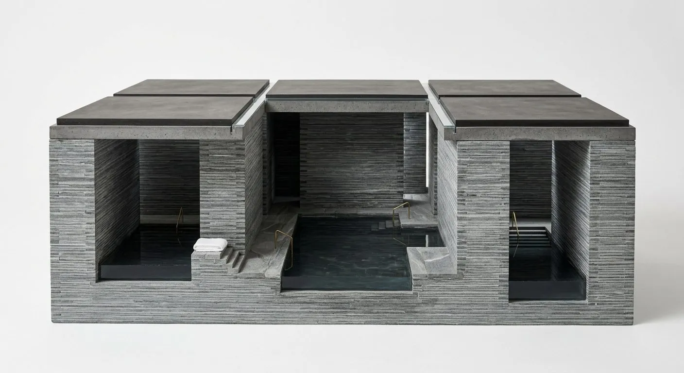 A generated grey stone model of a bath hall cut open to its pools