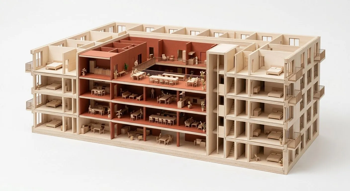 A generated model of a block with deep loggias, rendered in orange