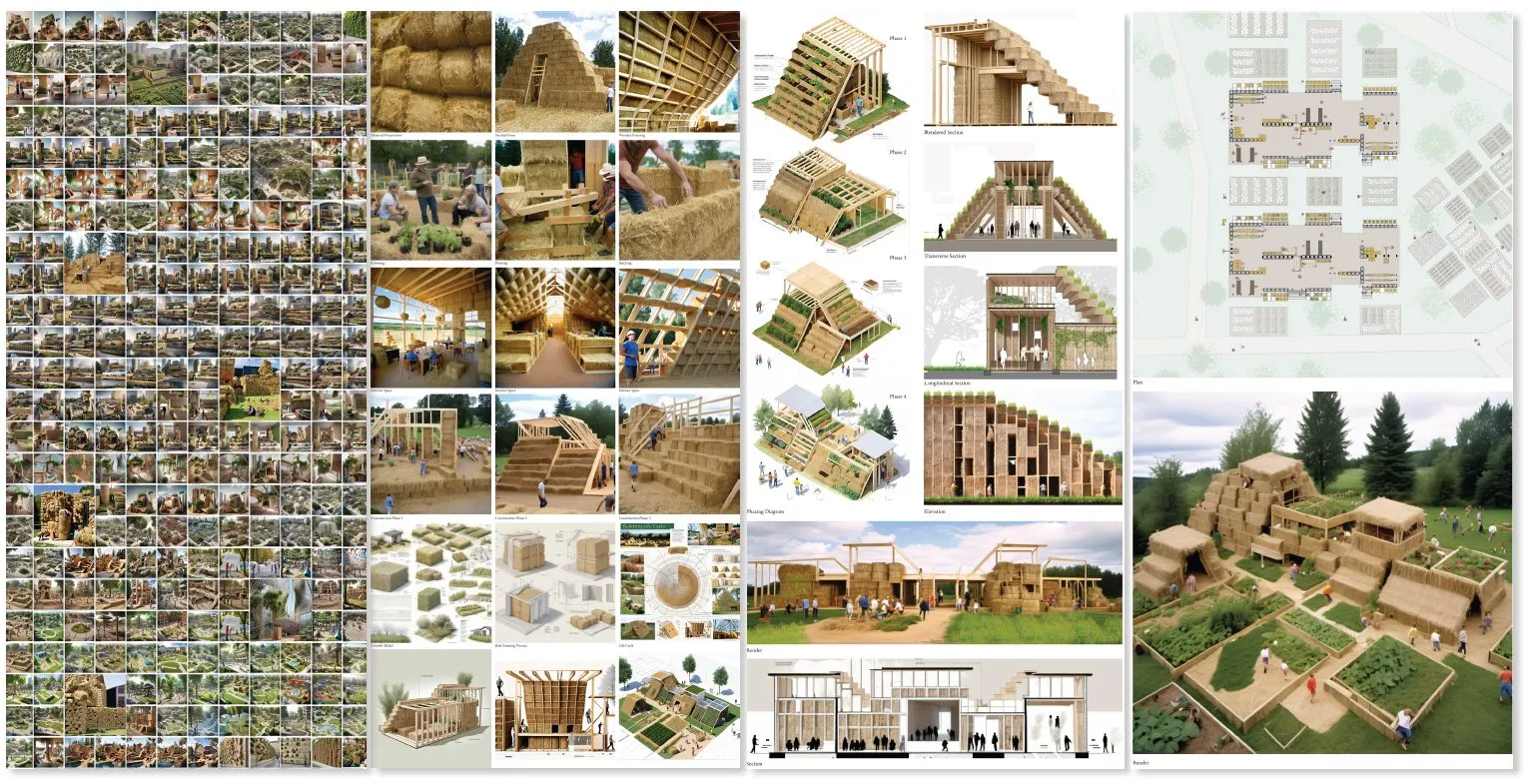 A project board with a grid of generated studies, straw-bale models, plans and views of a playhouse